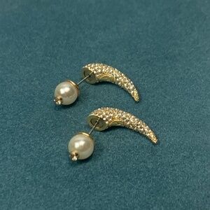 Vince Camuto Earrings Gold Pave Studded & Pearl Back-Post
